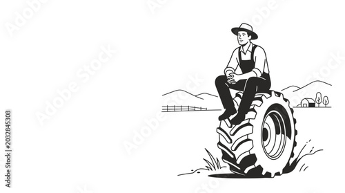 Photos A black and white sketch of a farmer sitting on a large tractor tire