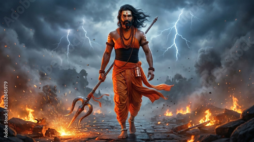 Machindranath walking through burning apocalyptic ruins under lightning storm and embers illustrative wallpaper