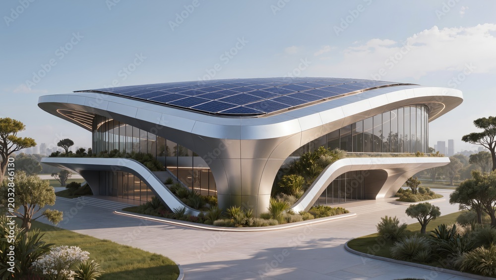 Fototapeta premium Futuristic Sustainable Office Building with Solar Panels