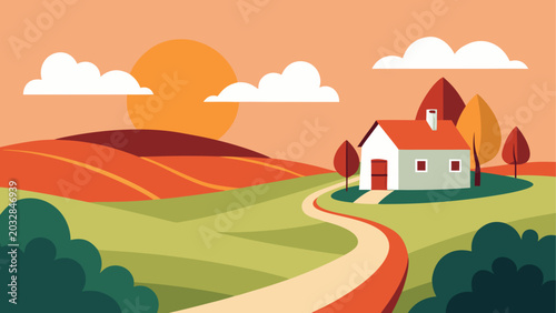 Vector rural landscape, countryside scenery, orange sunset fields, cartoon house, winding road