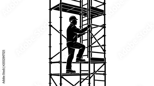 Silhouette of a construction worker climbing a metal scaffolding structure.