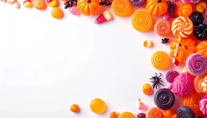 Assortment of Halloween Candies and Decorations on a White Background.