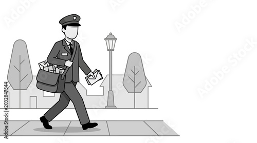 Fotografi A professional mail carrier walking down the street delivering letters