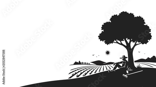 Tableau sur toile A silhouette of a farmer resting under a large tree in a field.