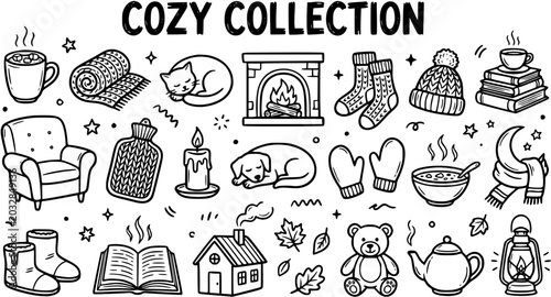 Konstfotografi Cozy Collection Line Art: Mug, Blanket, Cat, Fireplace, Socks, Hat, Books, Chair