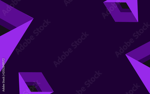 Abstract dark purple background with 3D neon purple geometric shapes. Modern futuristic backdrop with origami polygon borders for gaming, tech banners, streaming overlays, or cyber event posters