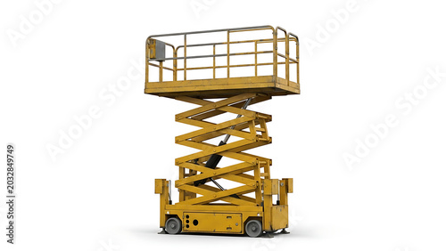 Industrial mobile hydraulic telescopic lift aerial work platform for construction engineering maintenance and repair at high altitude isolated on white background for professional equipment.