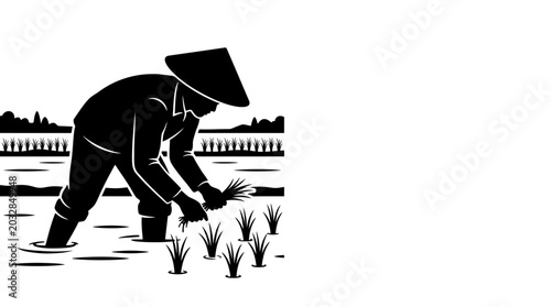 Tableau sur toile A black and white silhouette illustration of a farmer planting rice in a field