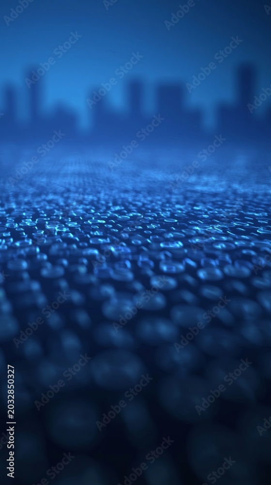 Fototapeta premium Abstract digital data stream flowing towards a blurred city skyline at night