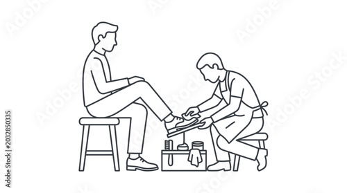 Photos A professional shoe shiner polishing a customer shoe in a line art style