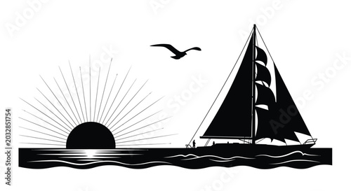 Schilderij op canvas Silhouette of a sailboat at sunset with seagull vector illustration