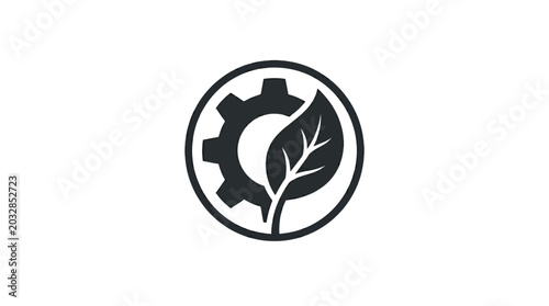 Eco friendly industrial gear logo icon with leaf and cogwheel.