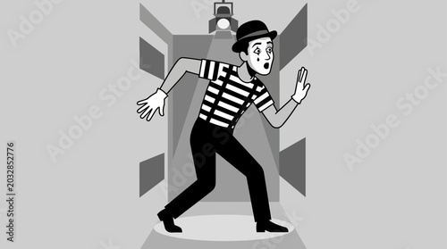Photos A mime artist performing on stage under a spotlight.