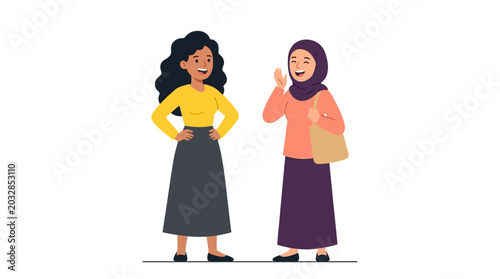 Tableau sur toile Two young women talking and laughing together in a flat vector illustration