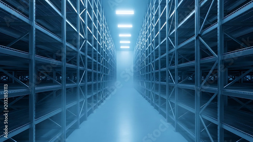 Vast industrial refrigerated warehouse chamber featuring vacant metallic shelving units illuminated by a chill atmospheric azure glow inside a professional distribution facility