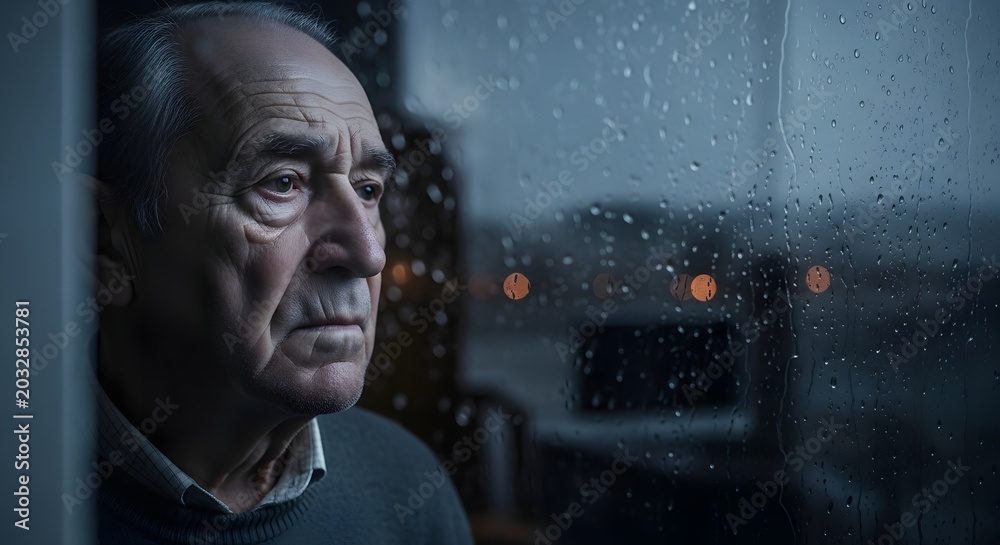 Fototapeta premium Elderly man gazes through a rain-streaked window, reflecting on life's solitude
