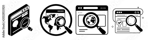 Search and Discovery Icons Set with Magnifying Glass and World Map in Flat Line Art Style