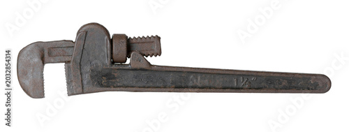 Vintage Cast Iron Pipe Wrench on White Background
