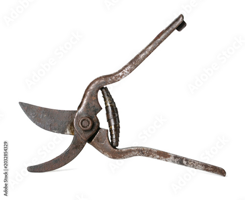 Antique Rusted Pruning Shears on White Background