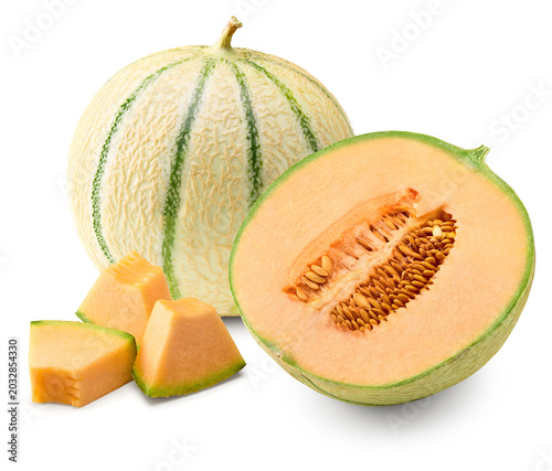 Sliced cantaloupe melon isolated on white background. clipping path