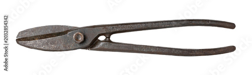 Old rusted metal shears, isolated on white background, close-up