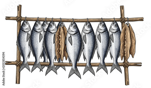 Fotografía Traditional Silver Fish Drying on Wooden Rack Vector Illustration in Hand Drawn