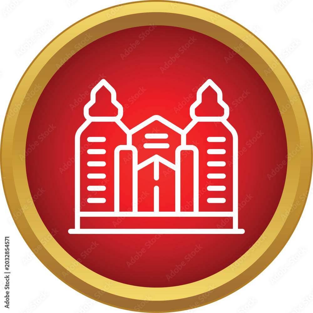 Obraz premium Stylized white line art castle icon inside a red circle with gold border