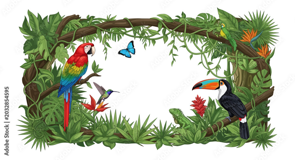 Fototapeta premium Vibrant tropical jungle frame with exotic animals and lush green foliage