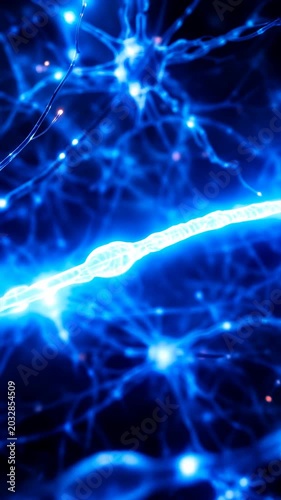 Neural Activity Visualization. Microscopic Neurons Transmitting Electrical Impulses In Detailed Sequence