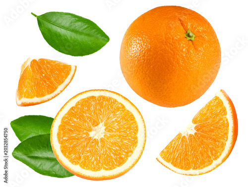 orange fruit with cut of orange and green leaves isolated on white background. clipping path