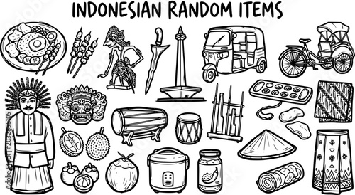 Tableau sur toile Indonesian Culture, Food, Travel  Tradition Line Art Icons Set