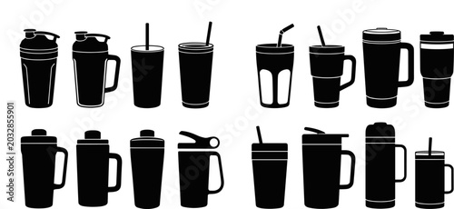 Tableau sur toile Assortment of Black Drink Container Silhouettes on White Background collection b
