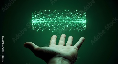Hand connecting with glowing green data network, symbolizing digital future