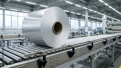 Industrial metallic aluminum foil roll rotating on automated steel conveyor belt system within advanced manufacturing facility factory plant environment for packaging solutions.