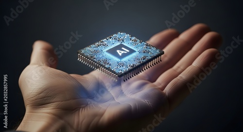 Human Hand Holding Glowing AI Processor Chip Symbolizing Future of Technology Innovation