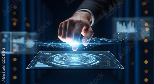 Hand Interacting with Futuristic Artificial Intelligence Interface and Data Visualization