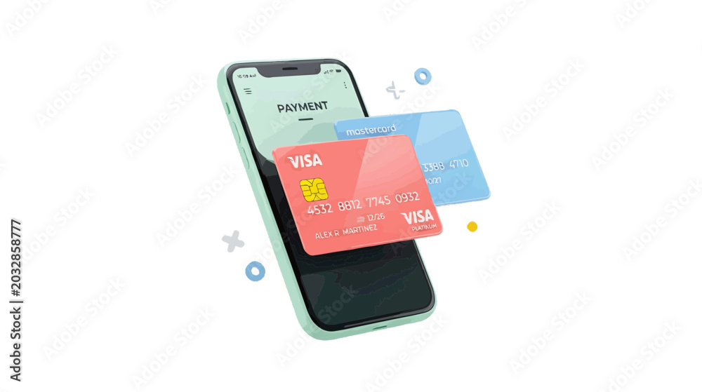 Fototapeta premium Vector illustration of mobile payment concept with smartphone and credit cards on a transparent background