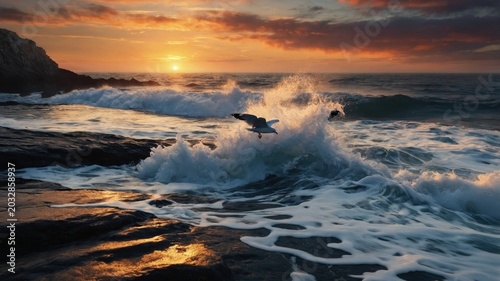 Serene sunset over rocky coastline with seagull soaring above crashing waves and vibrant sky