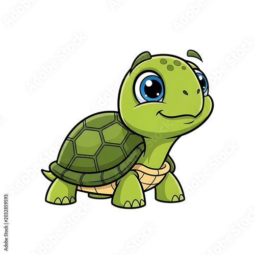 A cute cartoon turtle with a green shell and blue eyes isolated on transparent background