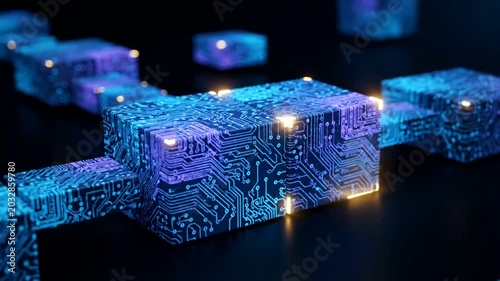 Glowing Blue Circuit Board Cubes Technology.