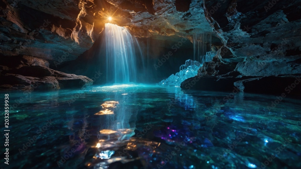 Naklejka premium Majestic underground cave with cascading waterfall and shimmering blue water reflecting lights