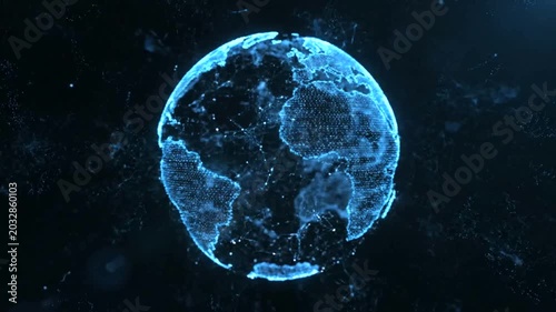 Glowing blue digital earth globe animation.