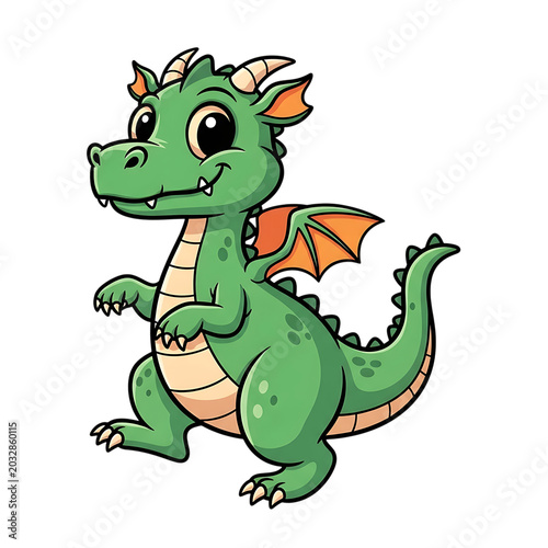 A cute cartoon green dragon with orange wings and horns isolated on transparent background