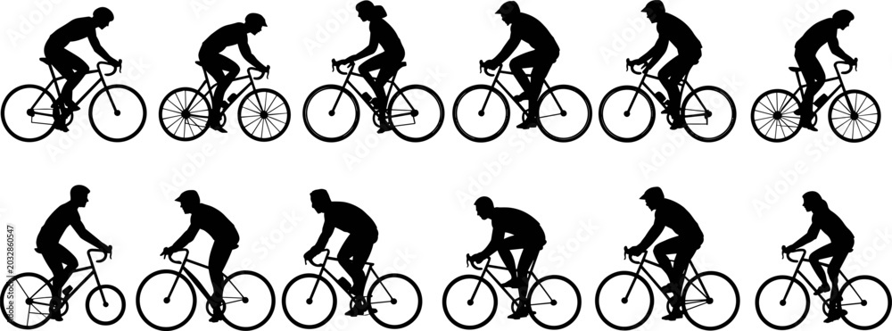 Naklejka premium Cyclists Silhouettes in Motion on White Background vector illustration