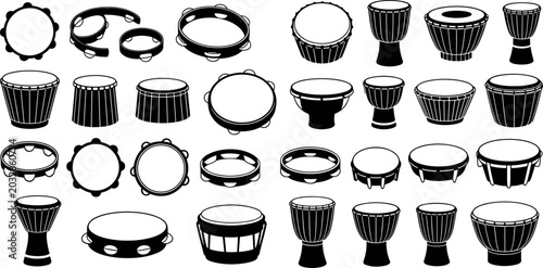 Schilderij op canvas Extensive collection of black drum and tambourine silhouettes on a white backgro