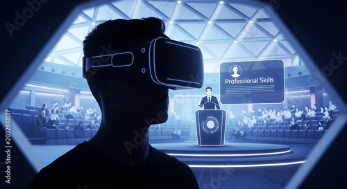 Individual Experiencing Virtual Reality During a Corporate Presentation at a Futuristic Conference with Engaged Audience in a High-Tech Environment