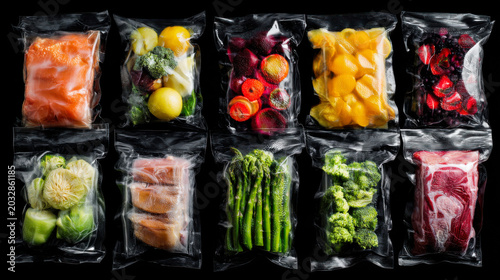 Fresh vegetables and seafood packed in vacuum-sealed bags arranged in a neat grid for easy storage and preparation