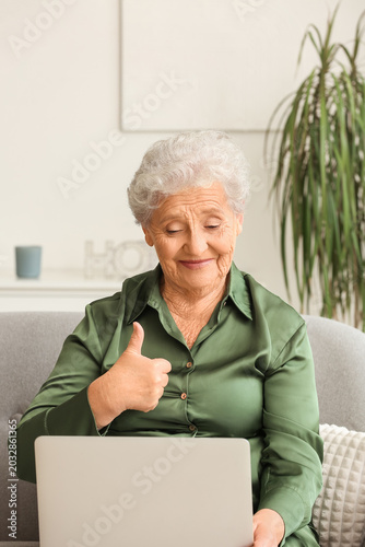 Senior woman with laptop video chatting at home