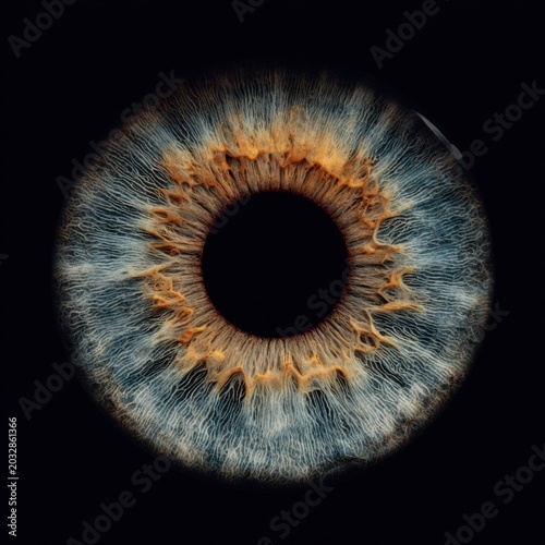 Hyper-detailed isolated human iris and pupil on black background medical reference
