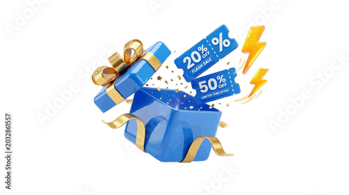 Vector illustration of 3d render of an open blue gift box with discount coupons on a transparent background